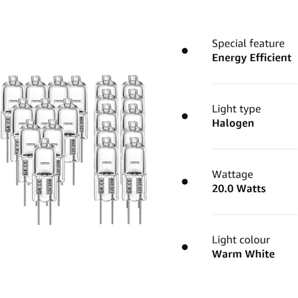 G4 halogenpærer 20W 12V - Varmhvit - 20-pakning 20W 20W 20W 20pcs