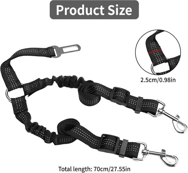 2,5*70cm - Svart - Hundsele - Säkerhetsbälte för husdjur - Justerbart säkerhetskoppel - med elastisk bungee-buffert - Reflex - Inget trassel