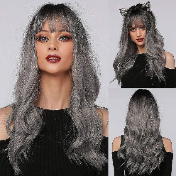 TG Ombre Grå Parykk Med Bangs Lang Ombre Grå Parykk Med Svart Rot Lang Grå Parykk For Dame Syntetisk Bølge