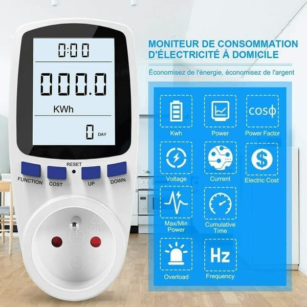 Wattmeter Stikdåse - Energimåler A185V 264V - LCD Display, af DEBUNS