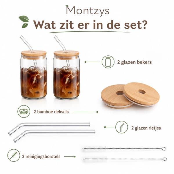Montzys Glasmuggar med bambulock och sugrör, 473 ml (16oz) set om 2 för iskaffe, te och cocktails