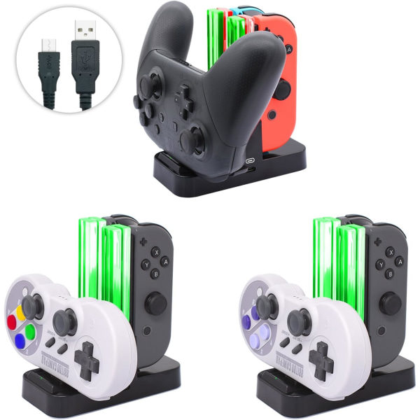 Latausasema yhteensopiva Nintendo Switch & OLED:n kanssa, latausasema yhteensopiva Joyconin ja Pro-ohjaimen kanssa, latausindikaattorilla ja tyypillä