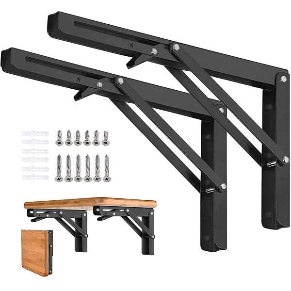 2 stk. Foldbare Hyldebeslag - Heavy Duty Metal Foldbar Trekant Hylde, DIY Væghængt Foldbart Bordhængsel, Pladsbesparende til Bænkbord