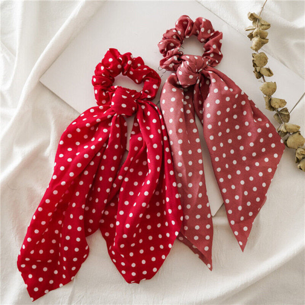 6 st Polka Dot Band Scrunchies Hästsvans Lång Scarf Rosett Elastiskt hår knytrep