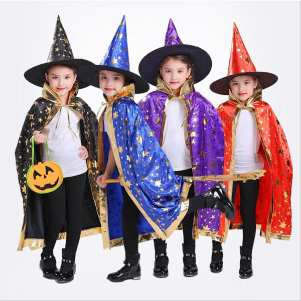 Halloween-viitta ja -hattu tähtikuvioilla, cosplay-viitta, vaaleanpunainen punainen sininen