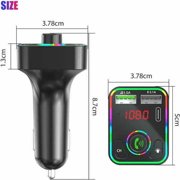 Bluetooth 5.0 FM-sender til bil, trådløs MP3-afspiller med håndfri opkald, dobbelt USB og Type-C hurtigopladning, RGB-lys, LED-display