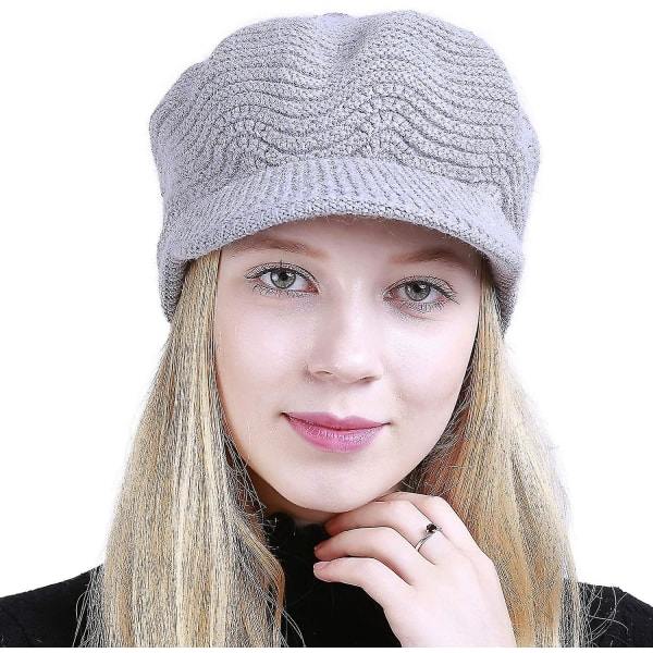 Wekity Dam Vinter Varm Slouchy Kabelstickad Beanie Skull Hat med Visir, Grå