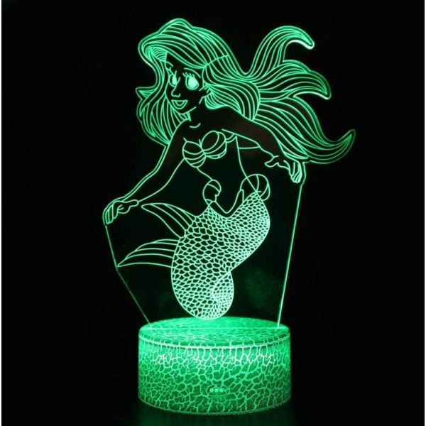 WJ 3D Illusionslampe Havfrue Stemningslys 7 Fargeskiftende Akryl LED Nattlys USB-kabel Soverom Skrivebordsdekorasjon