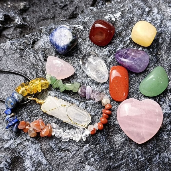 Healing Crystals Sett Edelstener Gaver Nybegynnere Chakra Stones Spiritual for Women Rå Edelstein Dekke Real Box Halskjede Armbånd Am