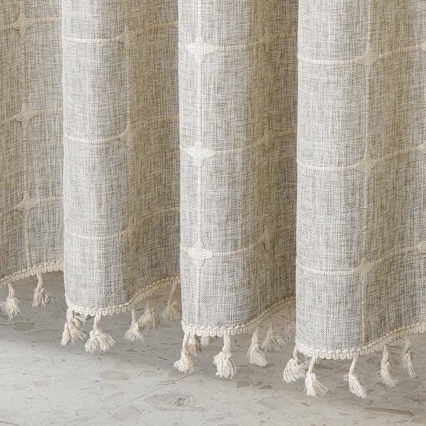 Stof badeforhæng med kvaster, vandtæt vaskbart linnedlook ternet design, 72 x 79 tommer Boho bondegårdsbadeværelsesindretning til badekar, beige