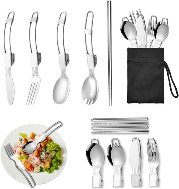 Vikbart campingbestickset, 5-delat vikbart bestickset i rostfritt stål, multifunktionella campingbestick, resebestickset, inklusive svart