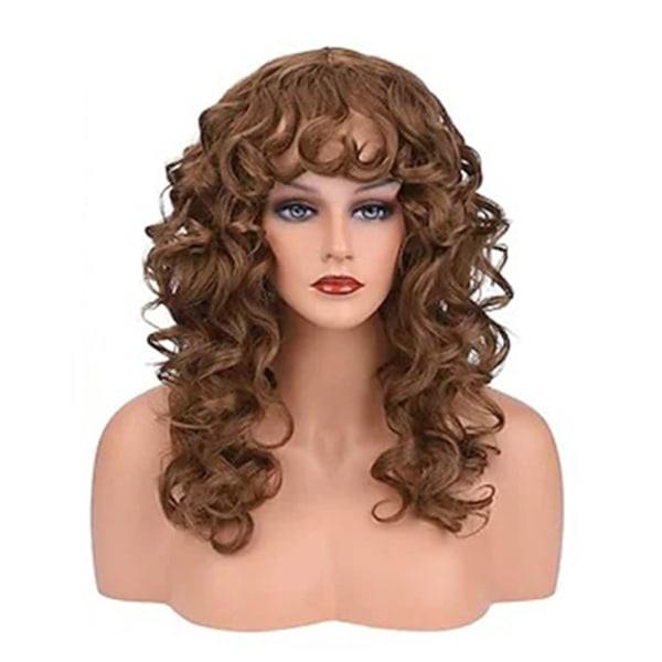 TG Dam Brun Lang Afro Krøllete Parykk Naturlig Hårstykke med Lugg