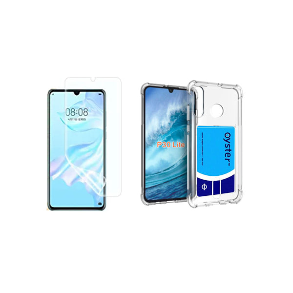 TG Huawei P30 Lite - 1 Sæt Skal med Kortholder & Blødt Skærmbeskytter Transparent