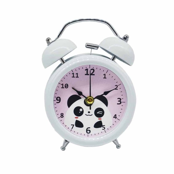 Söt tecknad Panda Väckerklocka Metall Dubbelklocka Tyst Skrivbordsur Kvarts Analog Reseklocka med Nattljus, Svart, Vit