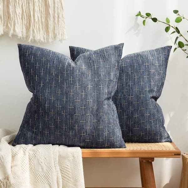 Dekorative pudebetræk, tekstureret polyester med usynlig lynlås, til sofa, seng og boligindretning, blå, 45 x 45 cm, sæt med 2