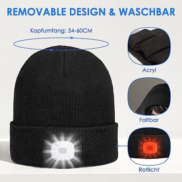 LED-Valohattu Miehille ja Naisille, 4 LED-Valoa, USB-Lataus