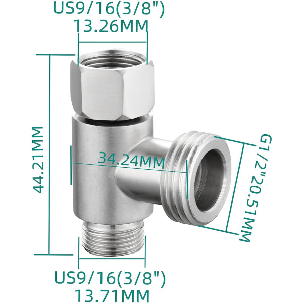 3-vejs 3/8\" og 1/2\" 3-vejs adapter Tee-kobling Rustfrit stål 3/8\" vandledning T-kobling Børstet nikkel
