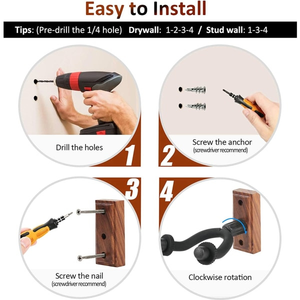Gitarrväggfäste Hängare 2-pack, svart valnöt väggkrok Hållare Stativ för akustisk elektrisk gitarr bas Ukulele.