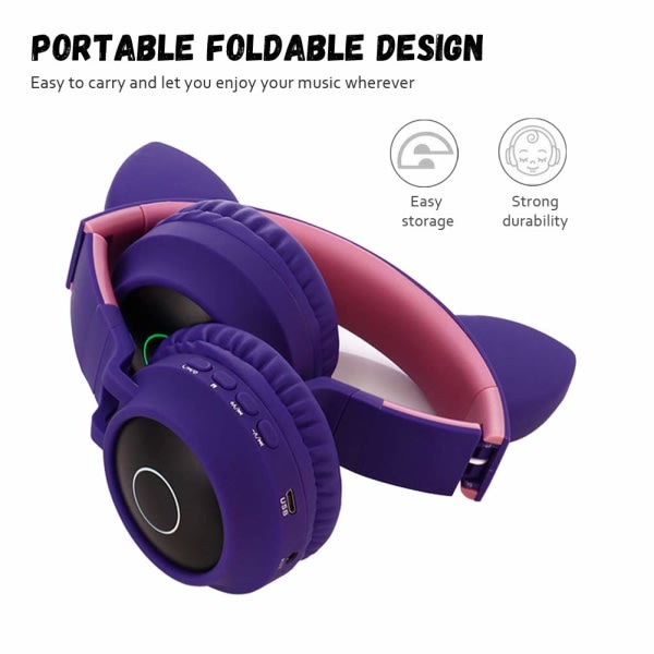 Bluetooth 5.0 Cat Ear-hørlurar Vikbara On-Ear Trådløst stereoheadset (lilla) lila