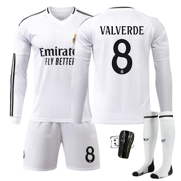 Real Madrid Barn Hemmatröja 2024-2025 Höst & Vinter Nr 8 Strumpor + Skydd 26 VALVERDE Nr 9 Strumpor + Skydd Nr 9 strumpor + Skydd No 9 socks + Guard 26