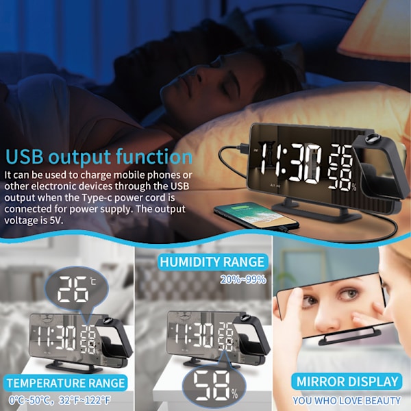 INF Projector Clock with Temperature Mirror/Black