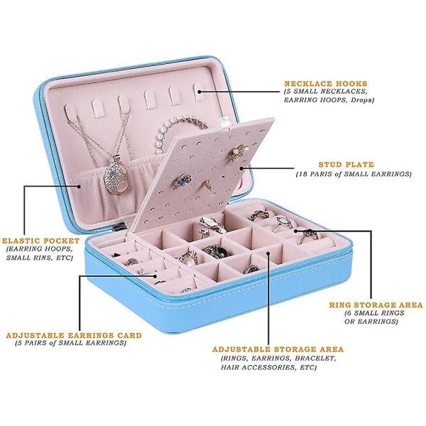 Mellanstor Resesmyckeskrin Organizer med Dragkedja - PU Läder Smycken Case Presentask för Kvinnor och Flickor Ringar Örhängen Halsband Armband