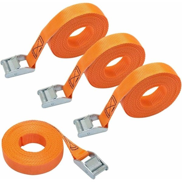 Sæt med 4 surringsstropper, længde 6 m, bredde 25 mm, surringskapacitet 150 kg, overholder DIN EN 12195-2 - Orange