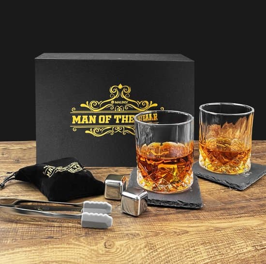Malinsi Whiskeyglas-set med 2 glas, skifferunderlägg, isbitar i stål, istång och presentförpackning, 300 ml Old Fashioned-glas, present till män
