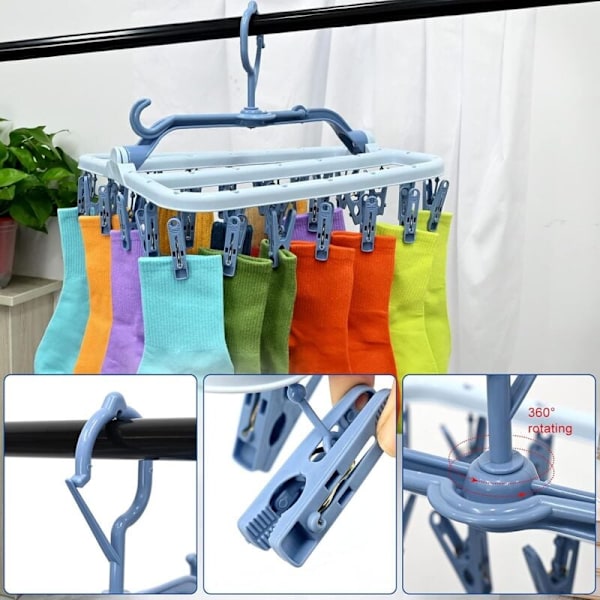 Socktorkställning, hängande torkställning med 32 vindtäta klämmor, hopfällbar underklädes- och socktork för strumpor, underkläder, babykläder, handdukar (Blå)