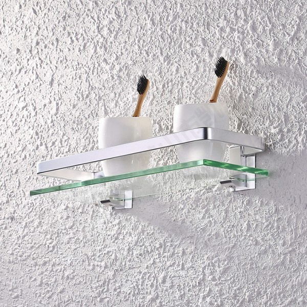 Badeværelsesglashylde Aluminium Hærdet glas 8MM Ekstra tyk 1 stykke rektangulær 1 lag organizer vægmonteret sølv