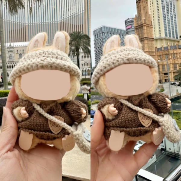 Kläder för Labubu (INGEN Docka), Hatt & Overall Set för 17 cm Labubu Tillbehör Kostym Knitted