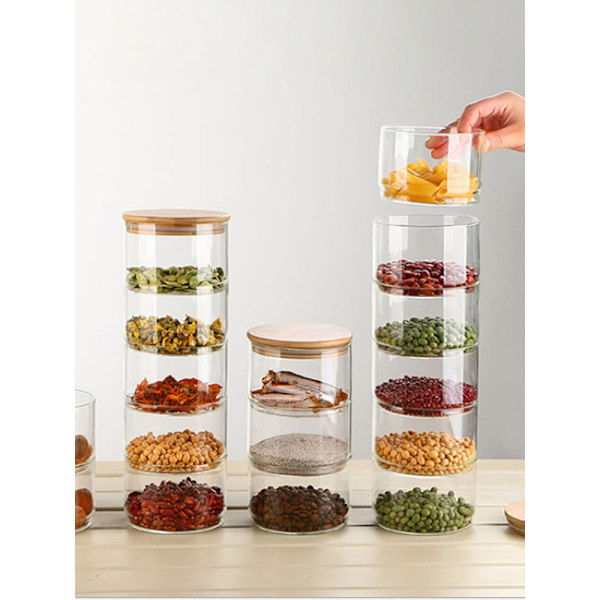 Airtight Kitchen Storage Containers, Three-Tier Stackable Glass Jars Bamboo Lids, Clear Borosilicate Glass Multifunctional Storage, Microwave Safe