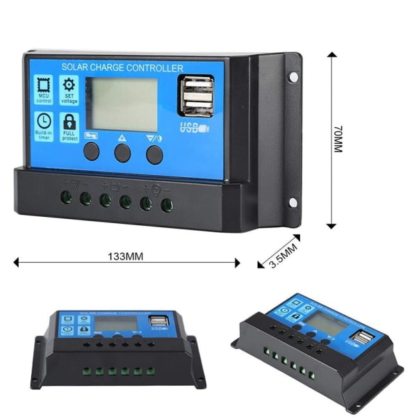 Solcellepanel Batterilader 30A 20A 10A Styringsenhet 12V/24V LCD-regulator Dobbel USB 30A