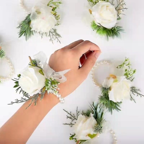 6 stk brud og brudgom bryllups corsage blomster, håndledsblomster hvite grønne