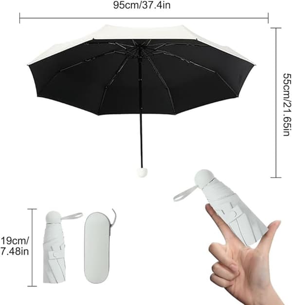 Mini Rejseparaply, 8 Ribber, Vind- og Regnresistent, UV-beskyttelse, 19 cm Sammenfoldet, Med Etui, Rejse og Daglig Brug, Hvid