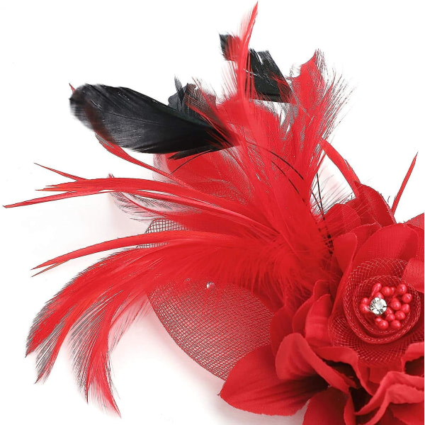 Bröllopsbrosch Glamourhatt med nål Te Cocktail Bankett Fest Pannband för kvinnor (röd)