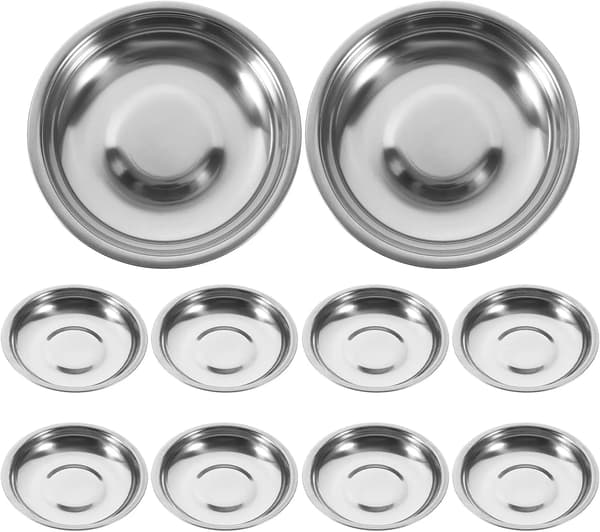 Små runde appetitplader i rustfrit stål, genanvendelige rust- og korrosionsbestandige metalfade til servering, sølv 10 CM (Pack of 2)