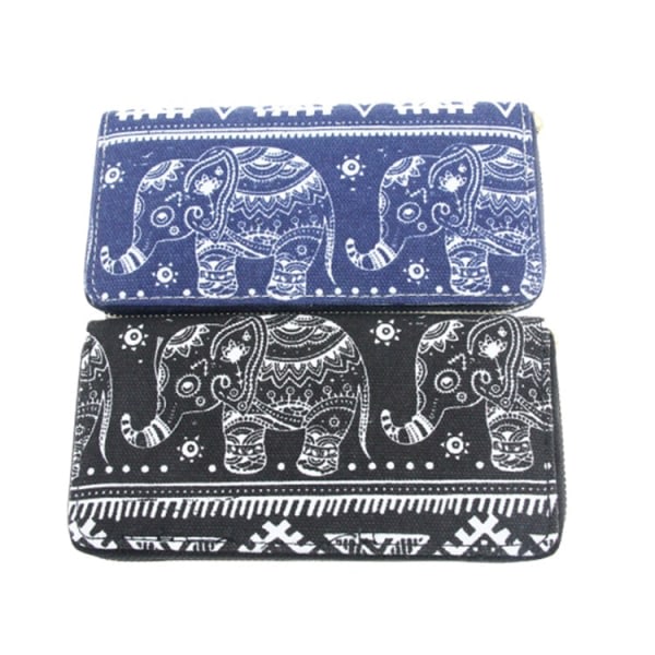 Elephant Cartoon Etnisk stil lang canvas plånbok Clutch plånbok korthållare Marinblå