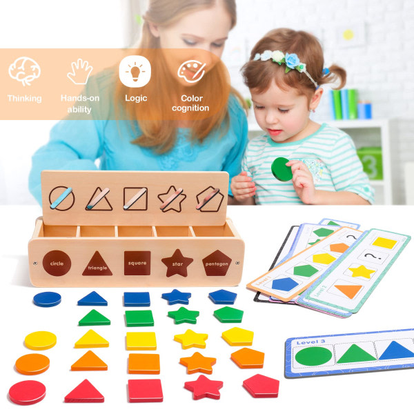 Montessori-leksak, farve- og formsortering af tændsticksaskspel, formsorterare for pædagogiske leksaker med 25 geometriblokke og 14 frågesportkort