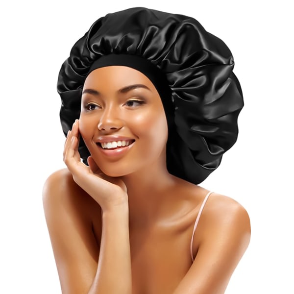 TG Premium caps for kvinner med langt hår. Återanvändbara, vattentäta, dubbelsidiga, svarta dusjmössor for kvinner