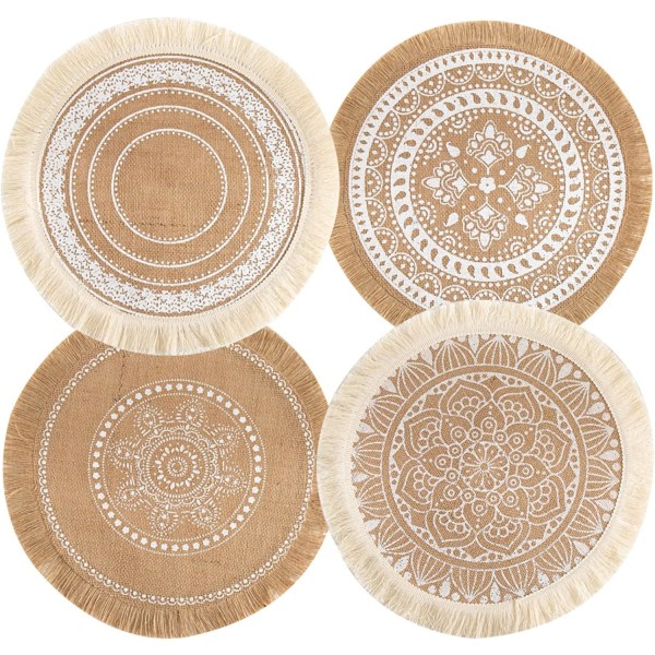 Set med 4 Boho Vävda Runda Bordstabletter Handgjorda Bordsmattor Vävd Jute Tofsmatta Retro Bordsdekor Fransar Bomullskaffe (Tofsmix A)