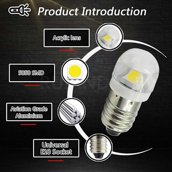 4 st 3V 0.2W E10 LED-lampa 5050 1SMD Vit 3000K LED Ersättningslampa Uppgradering för Strålkastare Ficklampor