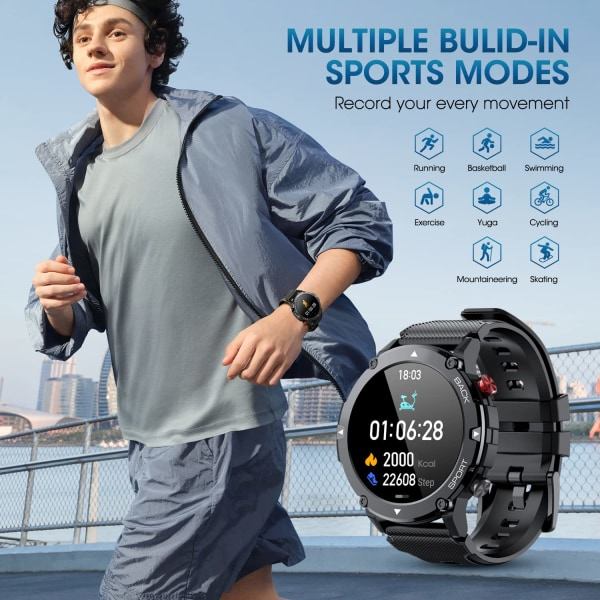 Älykello (Vastaa/Soita puheluihin) IP68 Vedenkestävä 1,32 tuuman Military Tactical Fitness Watch Tracker Androidille ja iOS:lle Ulkoilmakäyttöön Urheilukello (musta)