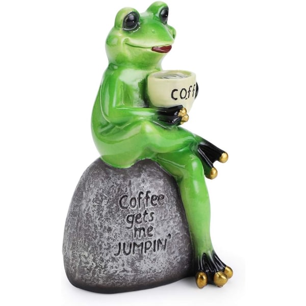 Kreativt håndverk Harts froskfigurdekorasjon, frosk sitter på steinstatue og drikker kaffe Skulpturstatue, personlige samlefigurer Mascot Fro