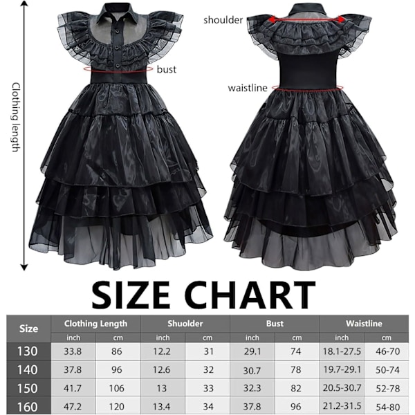 Onsdagsklänning för flickor, Familjekostym för Halloween och Karneval B-set 160 B-set