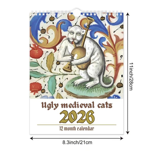2026 Kalender med mærkelige middelalderkatte – Sær kunst hylder katte