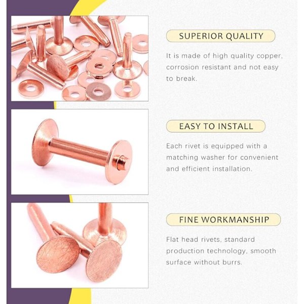 50 st 10×3,3×19 mm kopparnitar och försänkare för bälten, plånböcker, halsband, läderprodukter, DIY-hantverk