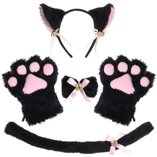 Katt cosplay kostym sett kattunge svans öron krage tassar handskar kit for halloween tillbehör 5 st