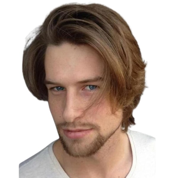 TG Kort brun peruk for menn Naturlig syntetisk lager fluffig hår