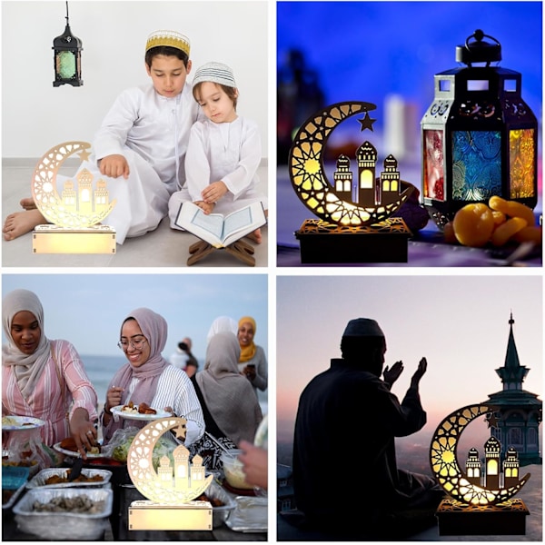 Træ Ramadan Lanterne, LED Lampe med Måne & Stjerne til Eid Mubarak Dekoration e